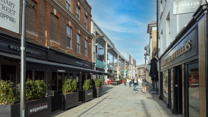 Friary Street, a pedestrianised shopping street lined with restaurants and shops